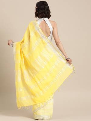 Yellow printed linen saree with blouse 2