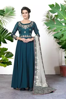 Turquoise Embroidered Faux Georgette Akarkali Suit
