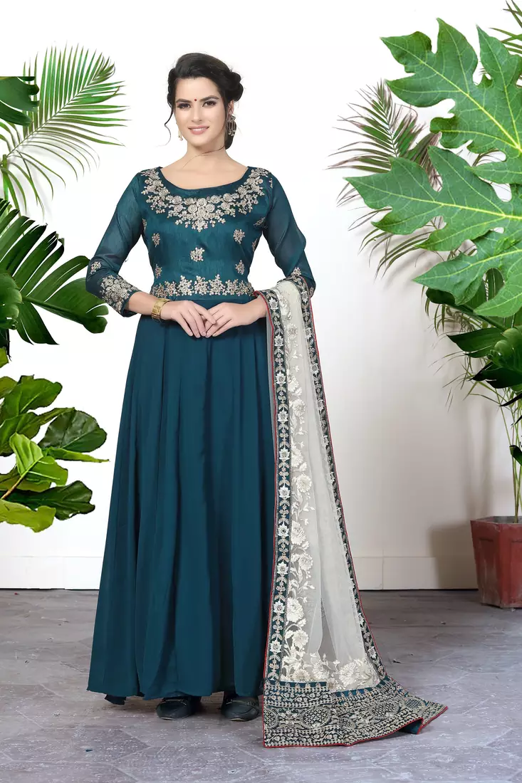 Turquoise Embroidered Faux Georgette Akarkali Suit