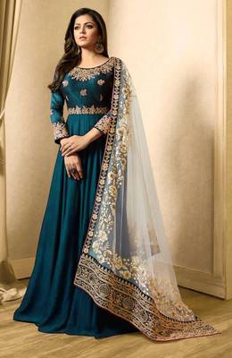 Turquoise Faux Georgette Golden Embroidered Anarkali Suit - Semi Stitched 2