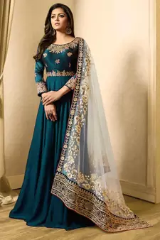 Turquoise Faux Georgette Golden Embroidered Anarkali Suit - Semi Stitched