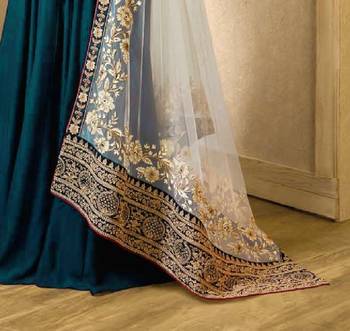 Turquoise Faux Georgette Golden Embroidered Anarkali Suit - Semi Stitched 3