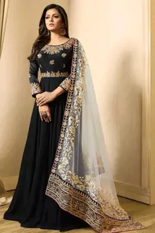 Faux Georgette Thread Embroidered Black Anarkali Salwar Suit