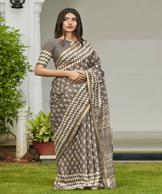 Grey printed cotton saree with blouse 1