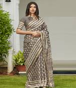 Grey printed cotton saree with blouse