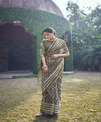 Grey printed cotton saree with blouse 2