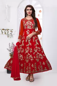 Red Embroidered Net Semi Stitched Anarkali Salwar With Dupatta
