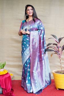 Grey woven banarasi silk saree with blouse
