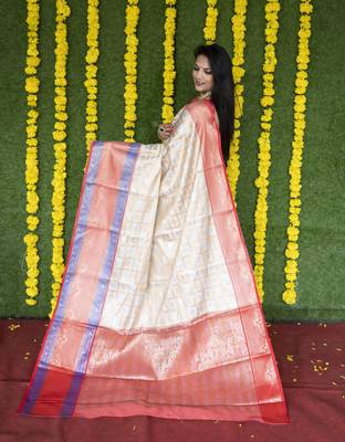 Beige woven Faux kanchipuram silk saree with blouse 2