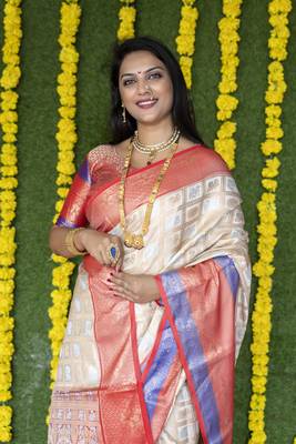 Beige woven Faux kanchipuram silk saree with blouse 3