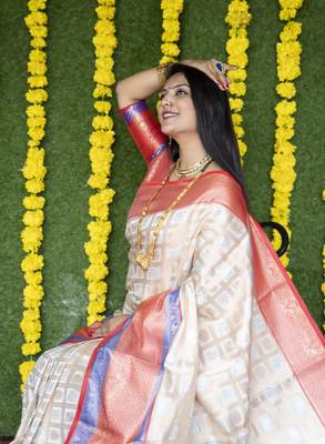 Beige woven Faux kanchipuram silk saree with blouse 4