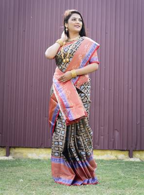 Black woven Faux kanchipuram silk saree with blouse 1