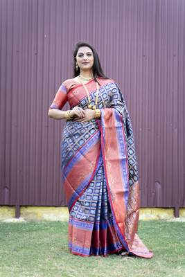 Navy blue woven Faux kanchipuram silk saree with blouse 1