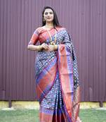 Navy blue woven Faux kanchipuram silk saree with blouse