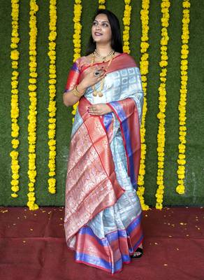Light blue woven Faux kanchipuram silk saree with blouse 1