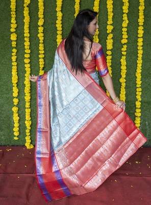 Light blue woven Faux kanchipuram silk saree with blouse 2