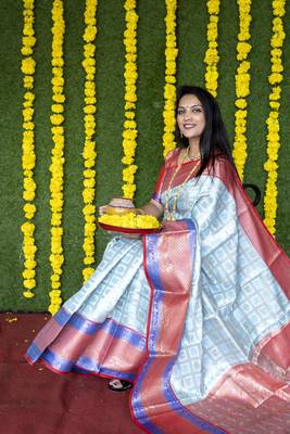 Light blue woven Faux kanchipuram silk saree with blouse 3