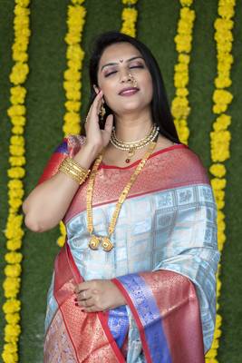 Light blue woven Faux kanchipuram silk saree with blouse 4