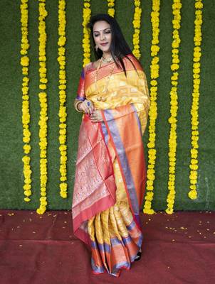 Yellow woven Faux kanchipuram silk saree with blouse 1