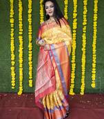 Yellow woven Faux kanchipuram silk saree with blouse