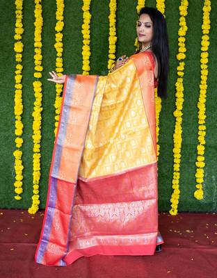 Yellow woven Faux kanchipuram silk saree with blouse 2