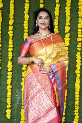 Yellow woven Faux kanchipuram silk saree with blouse 3