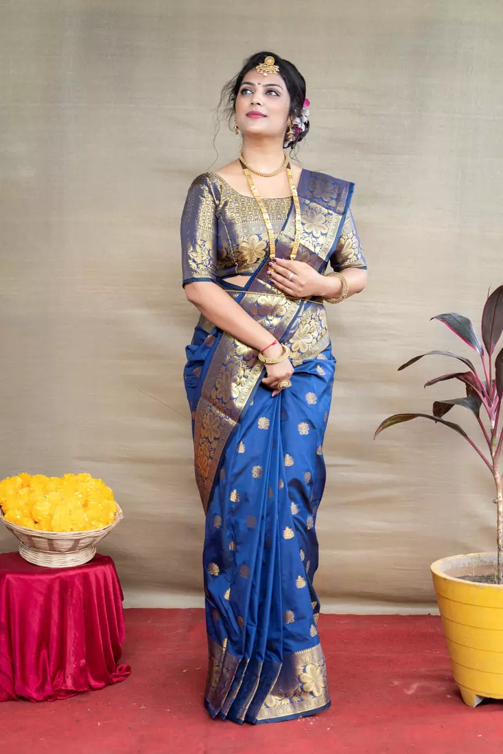 Navy blue woven paithani silk saree with blouse
