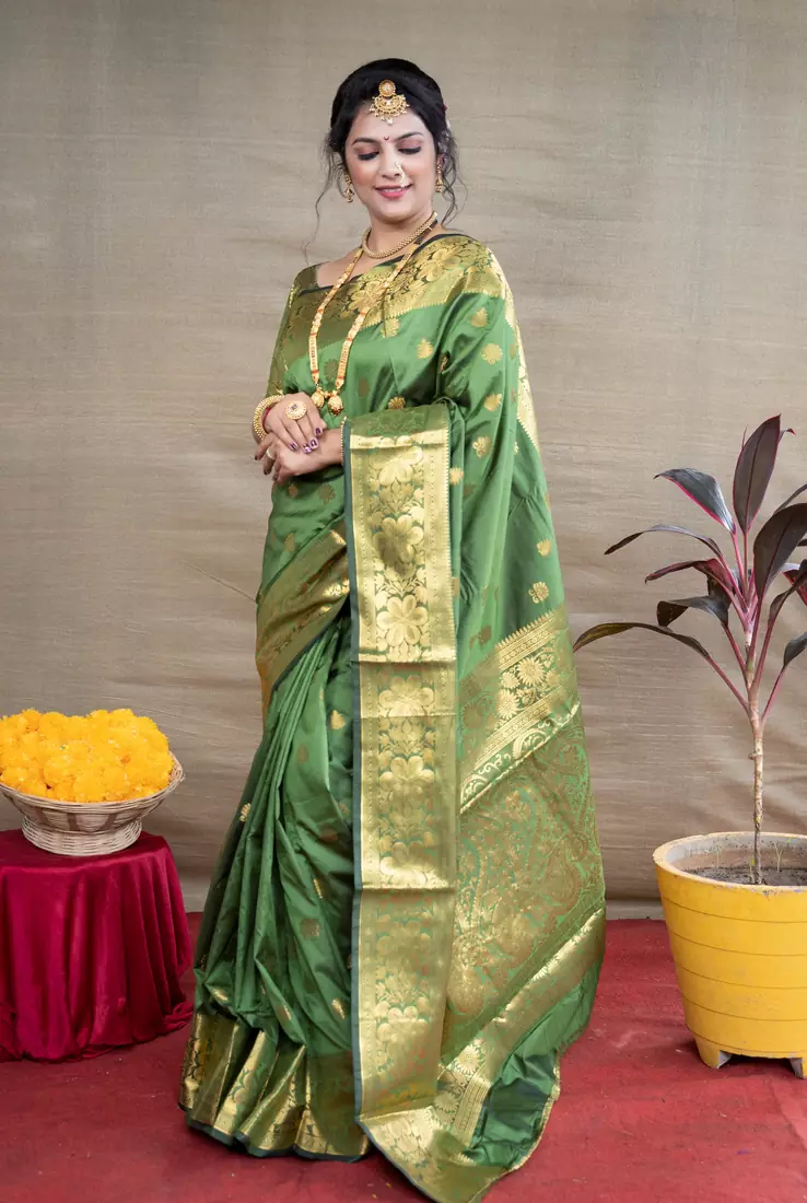 Green woven paithani silk saree with blouse