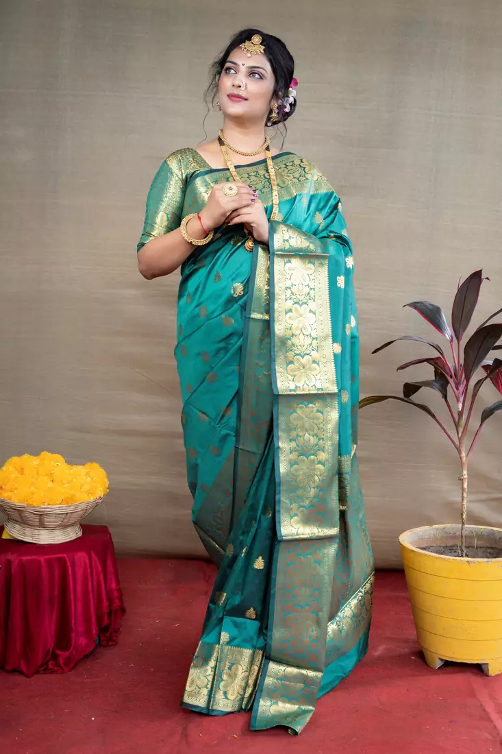 Turquoise woven paithani silk saree with blouse