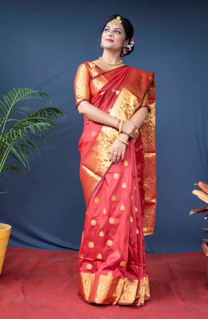 Red woven paithani silk saree with blouse