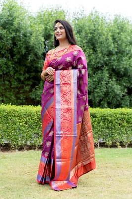 Magenta hand woven Faux kanchipuram silk saree with blouse 1