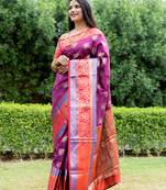 Magenta hand woven Faux kanchipuram silk saree with blouse