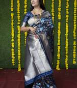 Navy blue hand woven banarasi silk saree with blouse