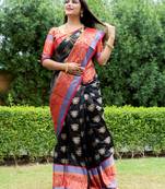 Black hand woven kanchipuram silk saree with blouse