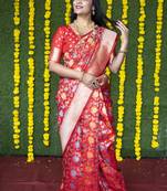 Red hand woven banarasi silk saree with blouse