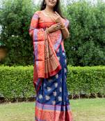 Navy blue hand woven kanchipuram silk saree with blouse