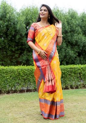 Yellow hand woven kanchipuram silk saree with blouse 1