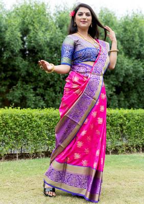 Pink hand woven Faux kanchipuram silk saree with blouse 1