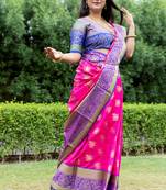 Pink hand woven Faux kanchipuram silk saree with blouse