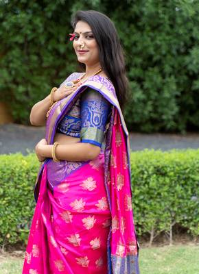 Pink hand woven Faux kanchipuram silk saree with blouse 3
