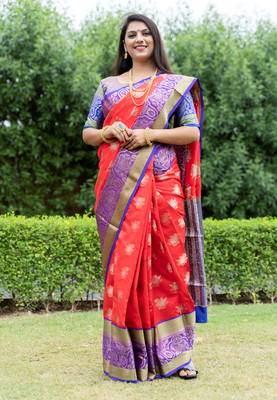 Red hand woven Faux kanchipuram silk saree with blouse 1