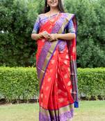 Red hand woven Faux kanchipuram silk saree with blouse