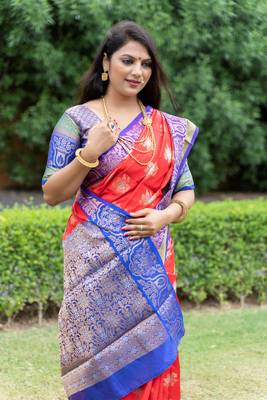 Red hand woven Faux kanchipuram silk saree with blouse 2