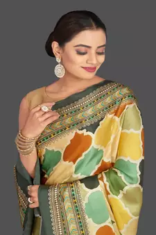 Multicolor Printed Satin Saree With Blouse