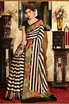 White Printed Satin Saree With Blouse
