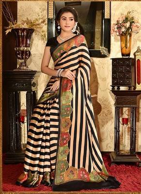 White Printed Satin Saree With Blouse 3