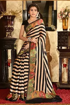 White Printed Satin Saree With Blouse