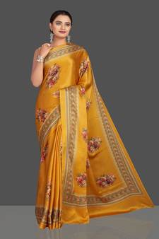 Yellow Printed Satin Saree With Blouse