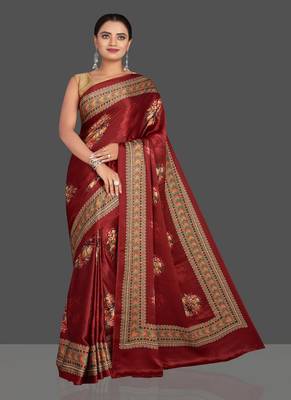 Red Printed Satin Saree With Blouse 1