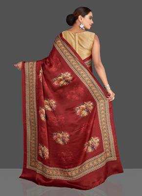 Red Printed Satin Saree With Blouse 2